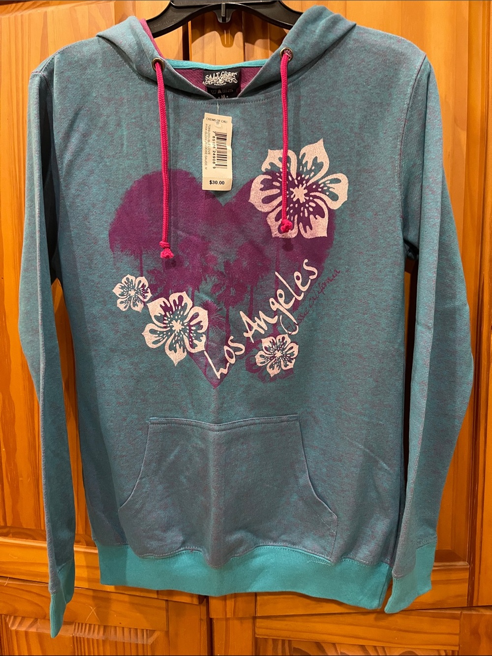New! Double Love Pink Glo! Teal Los Angeles Hoodie~  Purple Heart Floral Graphic